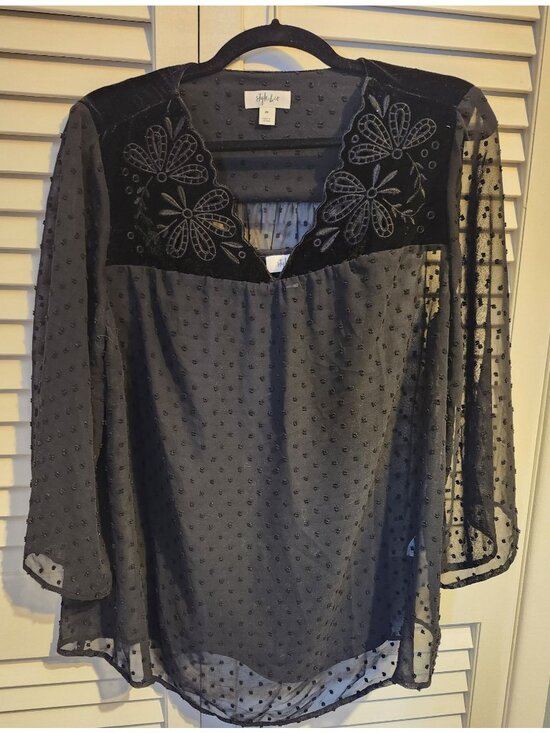 Style & Co Tops - Style & Co Sz 0X Sheer Top Black Long Sleeves Dots Velvet Blouse